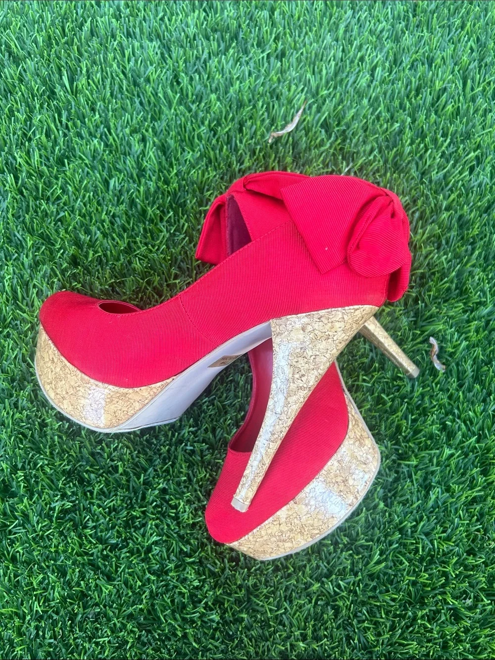 Penny Loves Kenny Red Cork Platform Stiletto Pumps with Back Bow